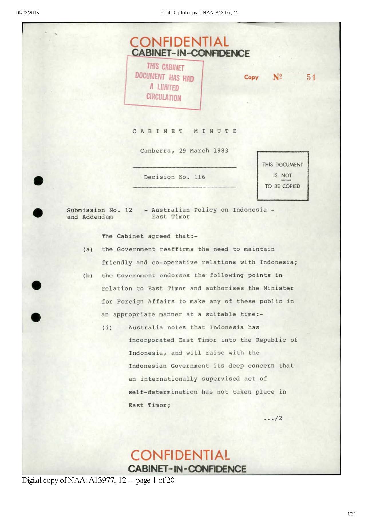 Cabinet decision March 1983
