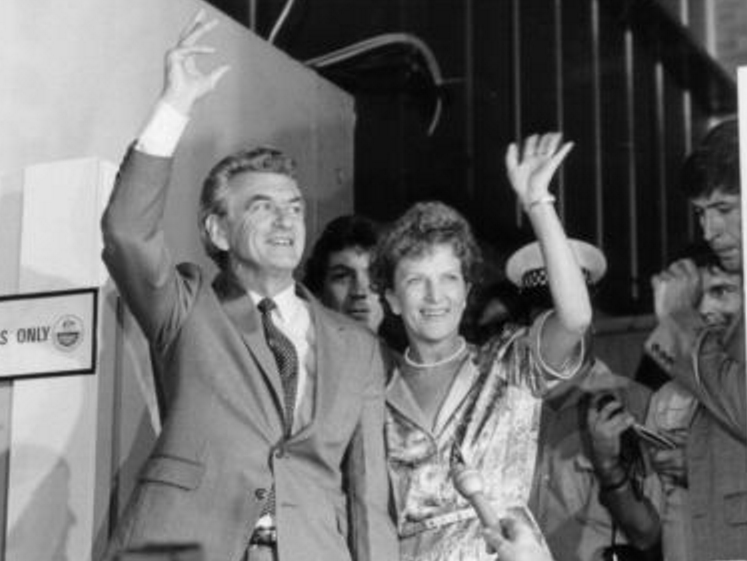 Bob Hawke, election tally room, 5 March 1983. [Source: ABC]